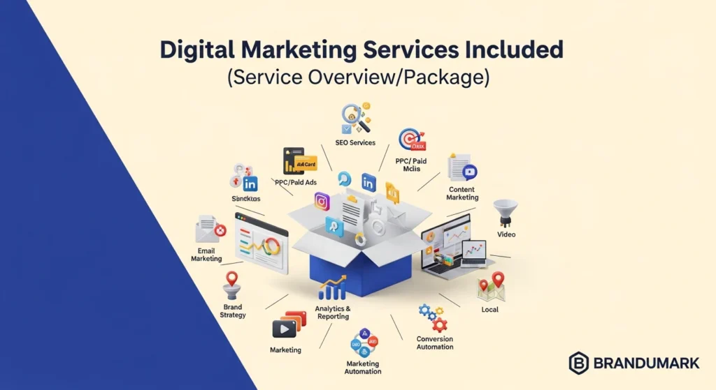 Comprehensive digital marketing services diagram showing integrated strategies and channels